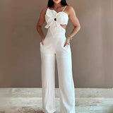 Women's White Three-dimensional Flower Design Sling One-piece Trousers