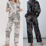 Personality Floral Leopard Print Trousers Long Sleeve Silky Comfortable Silk Satin Home Clothes Suit