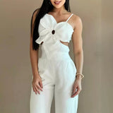 Women's White Three-dimensional Flower Design Sling One-piece Trousers